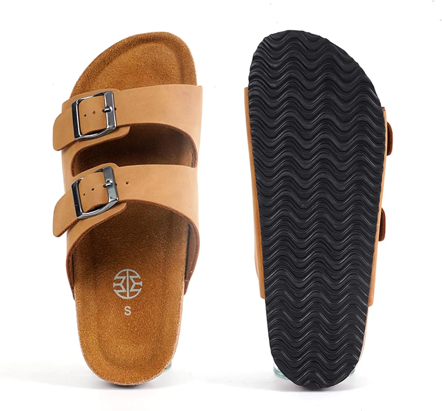 Women's Adjustable Double Buckle Brown Slide Sandal, Comfortable Cork Footbed Sandals for Men and Women, with arch support