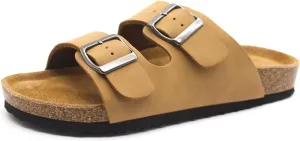 Women's Adjustable Double Buckle Brown Slide Sandal, Comfortable Cork Footbed Sandals for Men and Women, with arch support