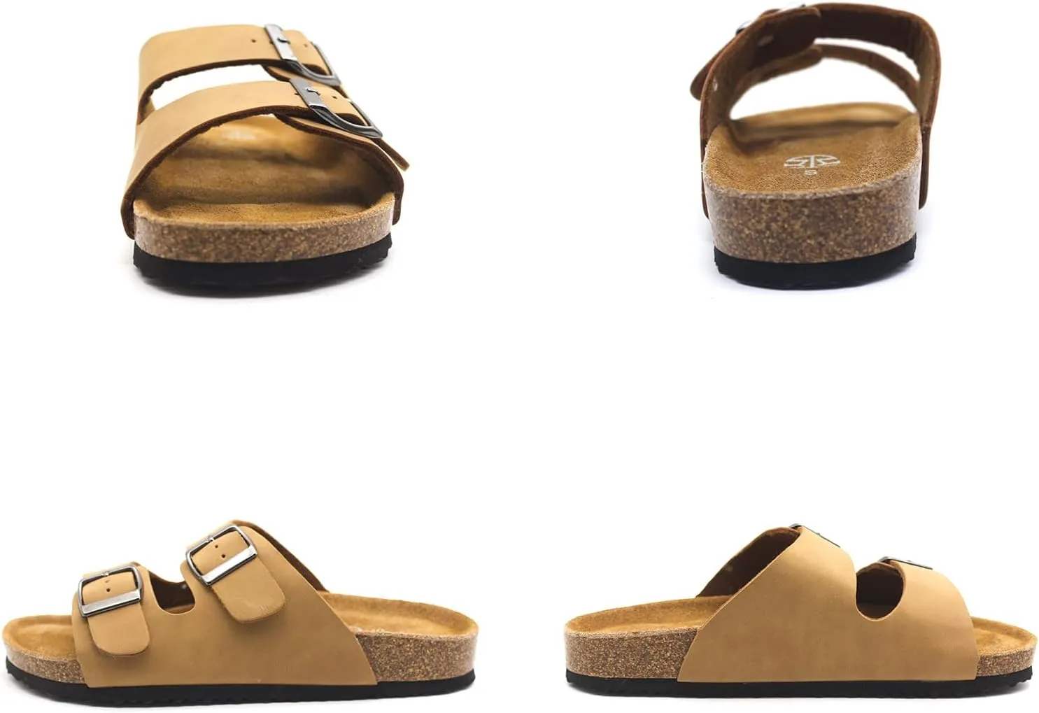 Women's Adjustable Double Buckle Brown Slide Sandal, Comfortable Cork Footbed Sandals for Men and Women, with arch support