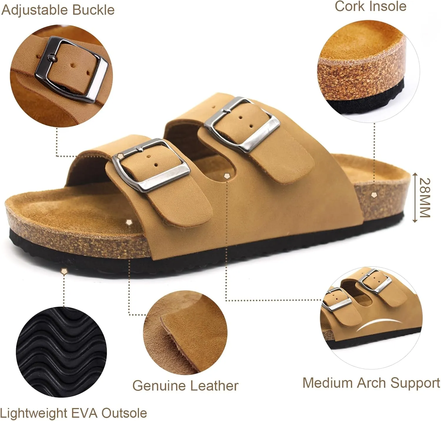 Women's Adjustable Double Buckle Brown Slide Sandal, Comfortable Cork Footbed Sandals for Men and Women, with arch support