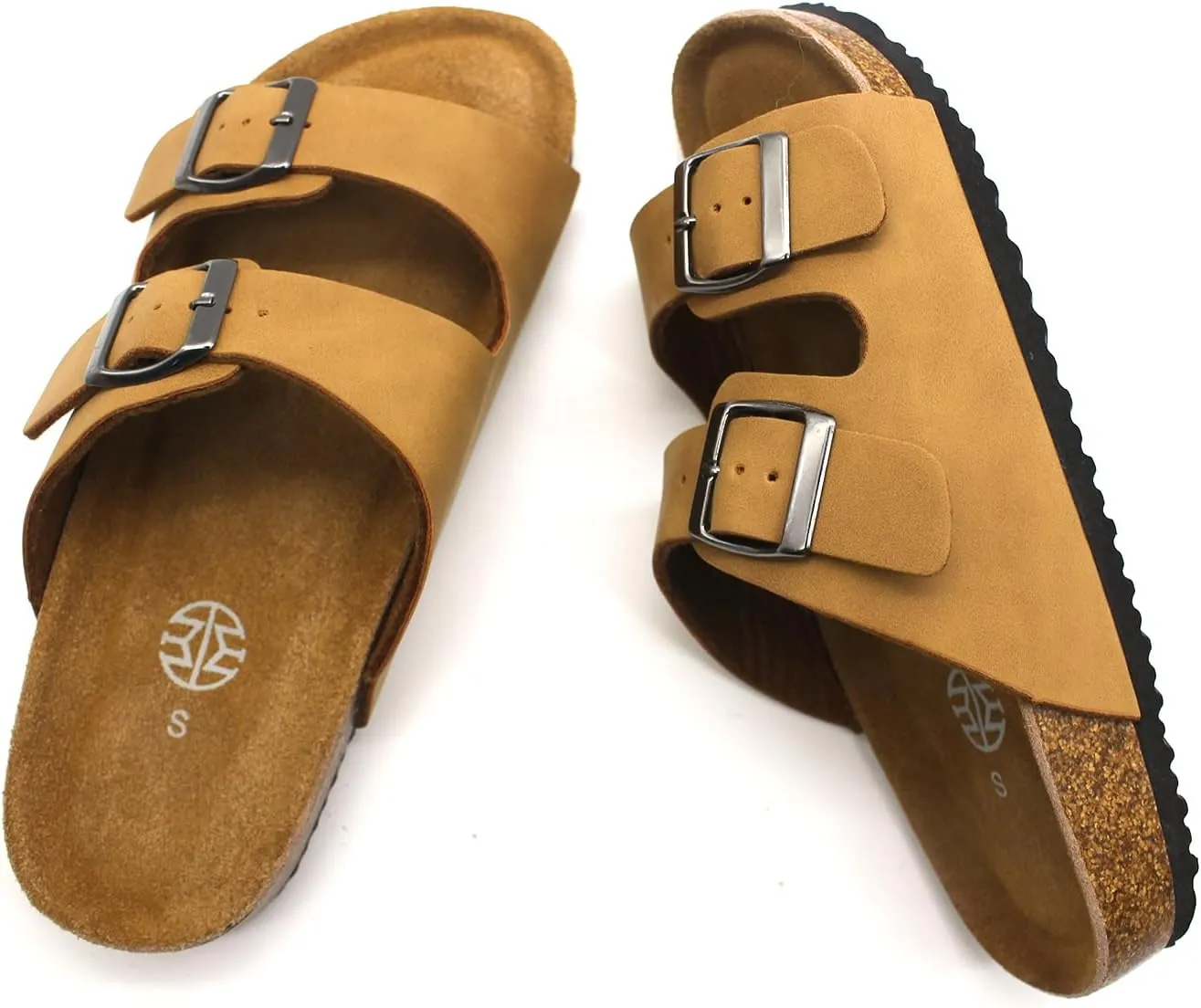 Women's Adjustable Double Buckle Brown Slide Sandal, Comfortable Cork Footbed Sandals for Men and Women, with arch support