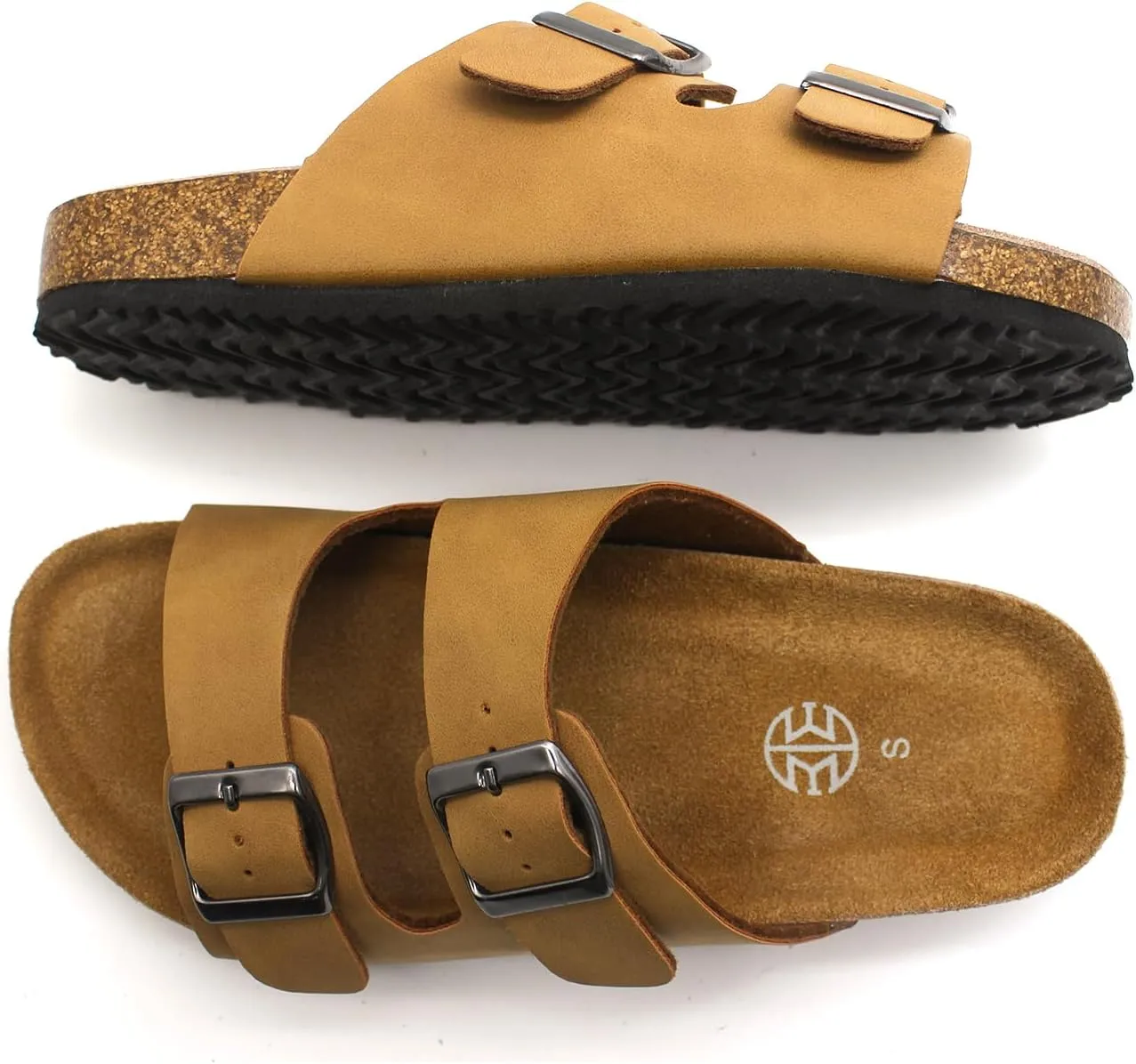 Women's Adjustable Double Buckle Brown Slide Sandal, Comfortable Cork Footbed Sandals for Men and Women, with arch support