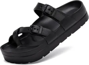 Womens Arch Support Platform Sandals Comfort Slides Thick Soles Flat Sandals With Adjustable Buckle & Ultra Cushion
