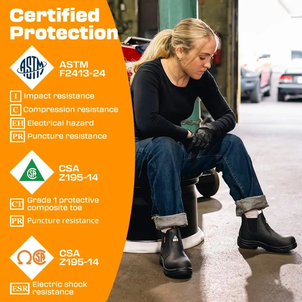 Women's ASTM & CSA Certified Composite Toe Chelsea Work Boots – 100% Leather, Lightweight, I/C/EH/PR/ESR, Oil/Slip/Heat Resistant, Rubber Outsole, Safety Boots 666