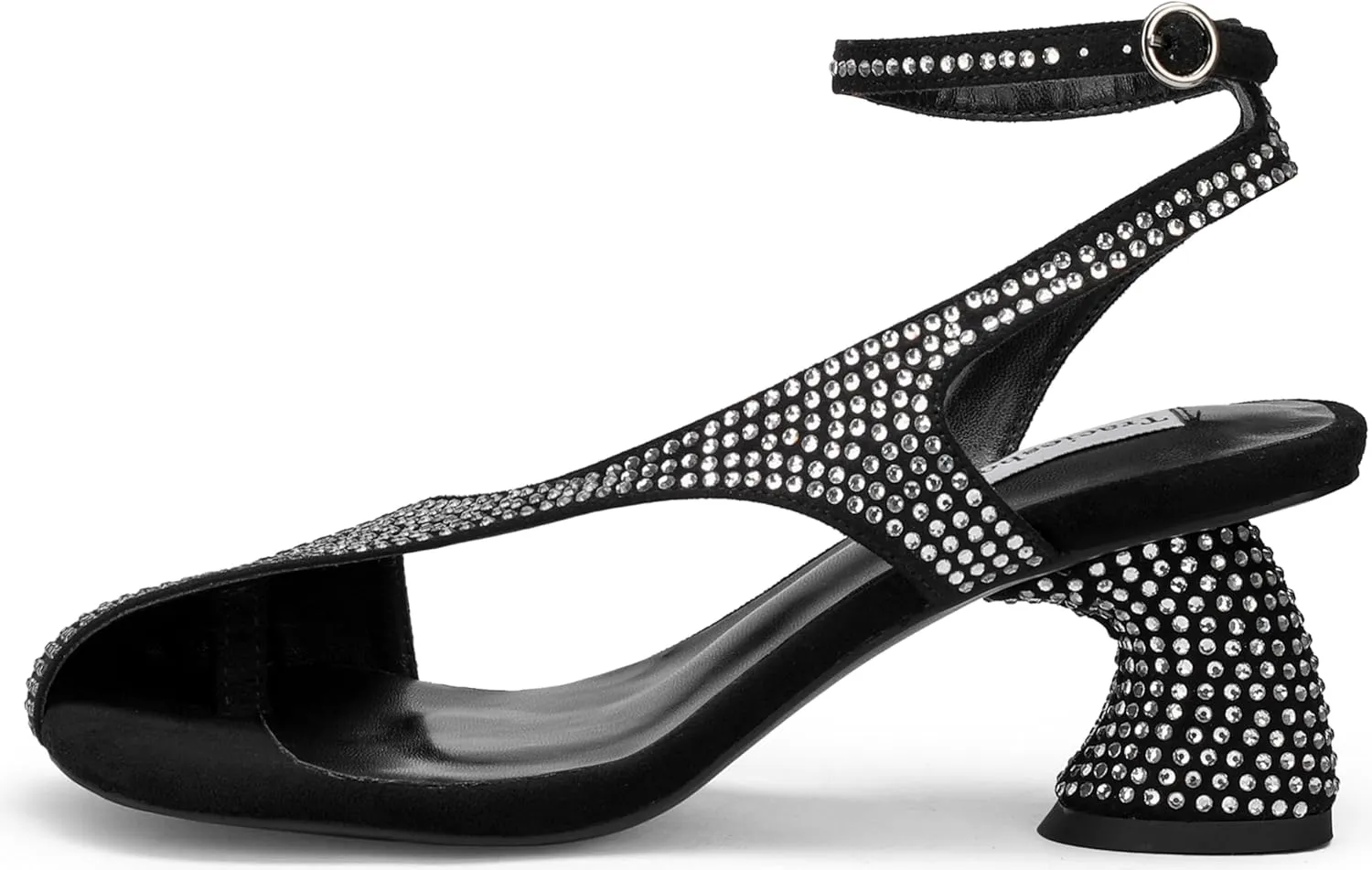 Women's Black Suede With Clear Rhinestone Curved Chunky Heeled Sandals & Square Open Split Toe Crystals Adjustable Ankle Strap Heels 2.4 Inch
