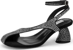 Women's Black Suede With Clear Rhinestone Curved Chunky Heeled Sandals & Square Open Split Toe Crystals Adjustable Ankle Strap Heels 2.4 Inch