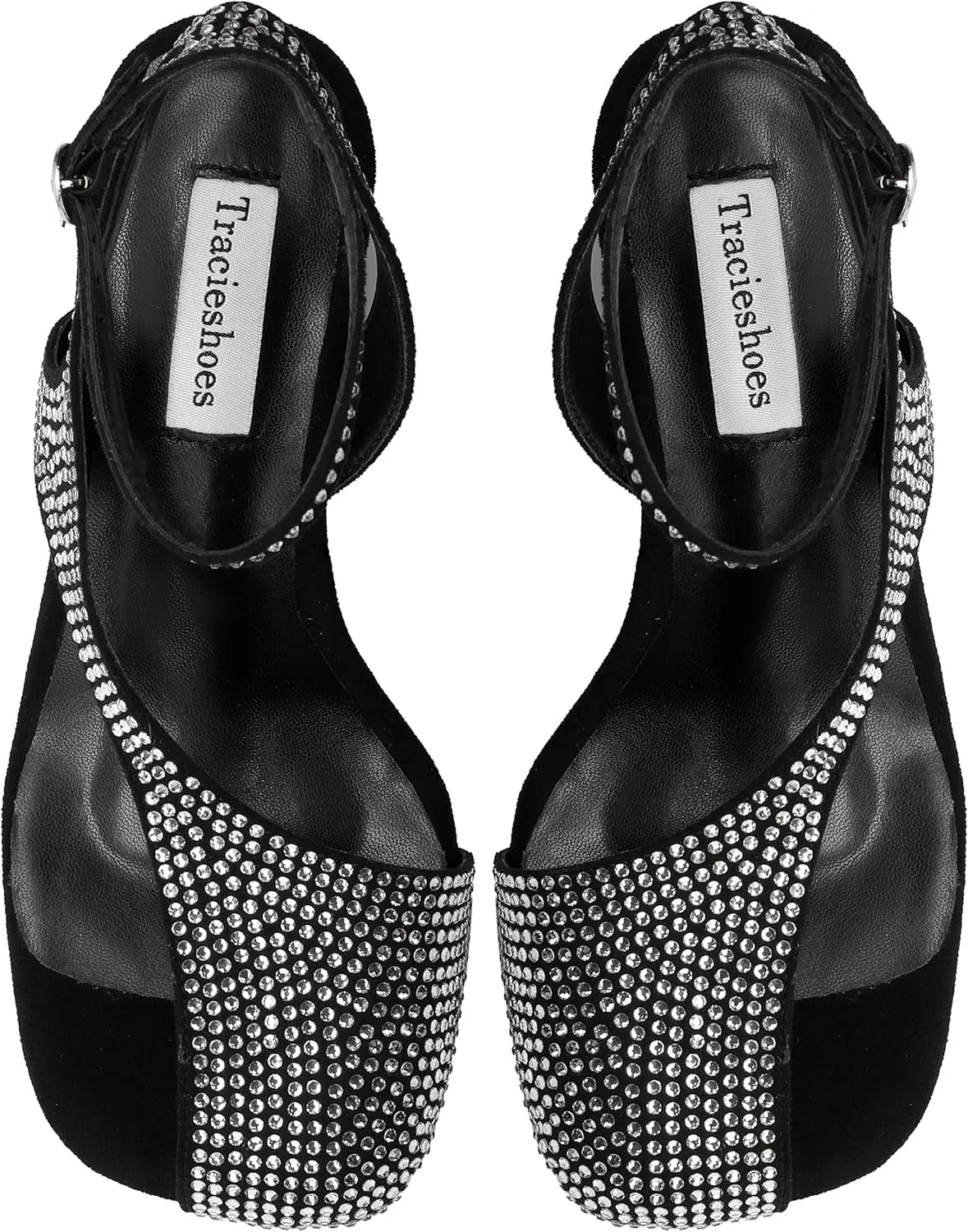 Women's Black Suede With Clear Rhinestone Curved Chunky Heeled Sandals & Square Open Split Toe Crystals Adjustable Ankle Strap Heels 2.4 Inch