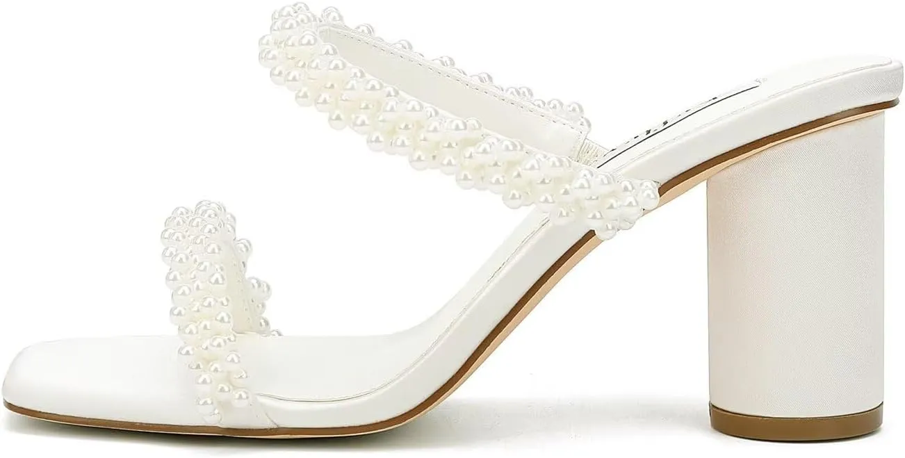 Women’s Block Heel Slip-on Sandals Two Strap Mules Wedding Party Heeled Sandals Open Toe Dress Shoes