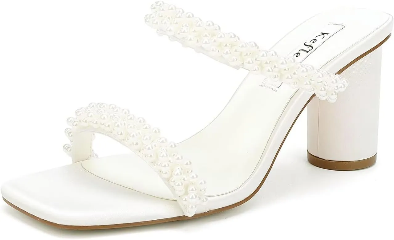Women’s Block Heel Slip-on Sandals Two Strap Mules Wedding Party Heeled Sandals Open Toe Dress Shoes