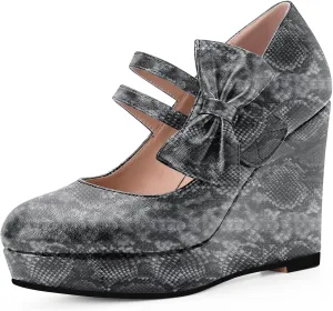 Women's Bow Closed Toe Hook Loop Platform High Heel Wedges Sandals Comfortable Mary Janes Pumps