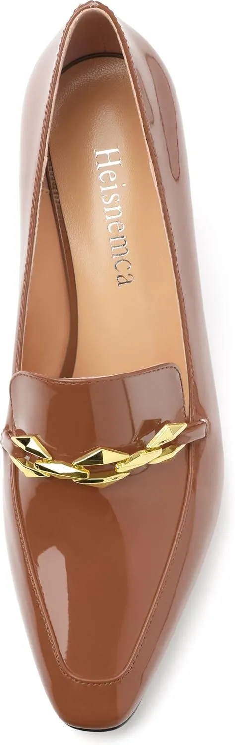 Womens Chunky Block Mid Heel,Patent Square Toe Pumps Slip-on Loafers Shoes Office Basic Classic Shoes 2.5IN