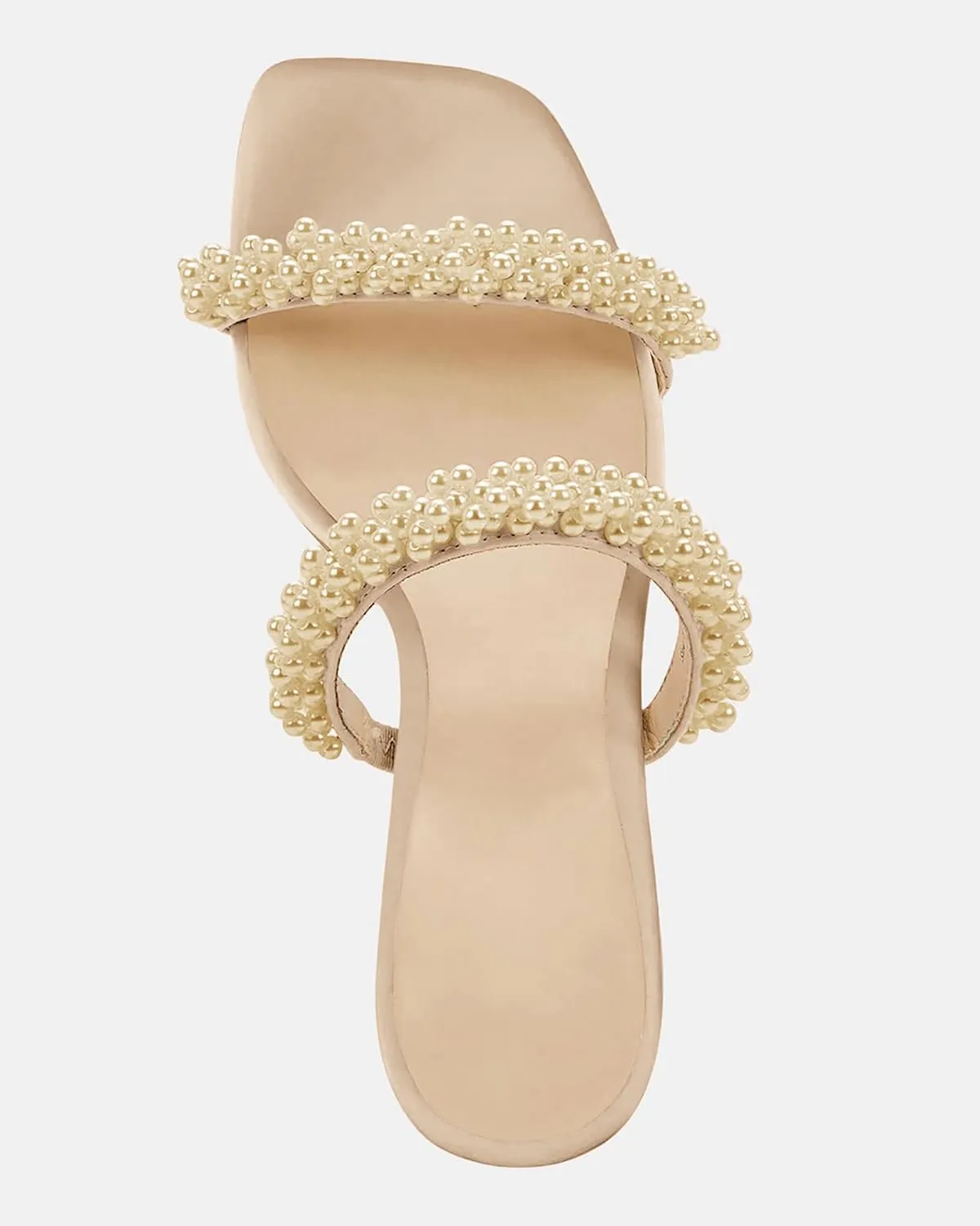 Womens Chunky Heeled Sandals Pearl Strappy Open Square Toe Slip-on Block Heels Backless Mules Shoes