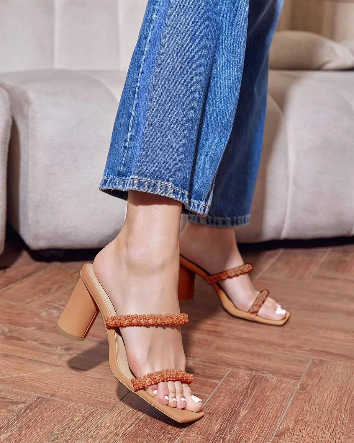 Womens Chunky Heeled Sandals Pearl Strappy Open Square Toe Slip-on Block Heels Backless Mules Shoes