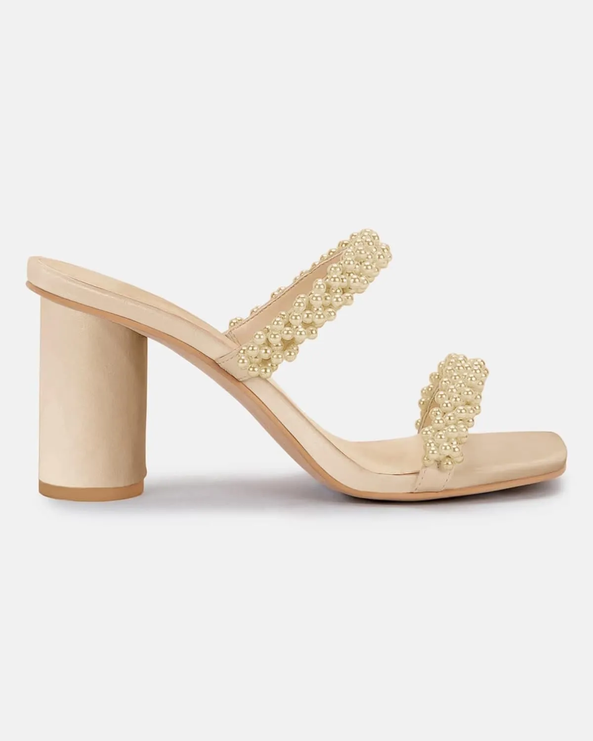 Womens Chunky Heeled Sandals Pearl Strappy Open Square Toe Slip-on Block Heels Backless Mules Shoes
