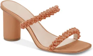 Womens Chunky Heeled Sandals Pearl Strappy Open Square Toe Slip-on Block Heels Backless Mules Shoes