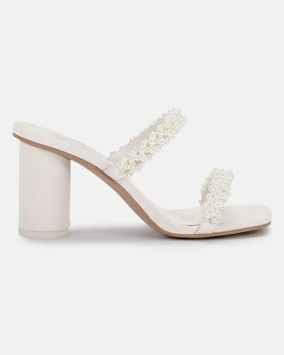 Womens Chunky Heeled Sandals Pearl Strappy Open Square Toe Slip-on Block Heels Backless Mules Shoes