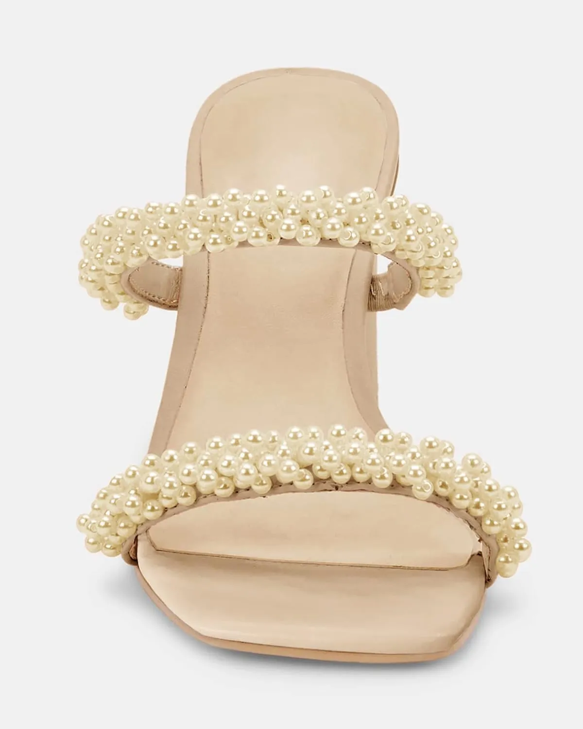 Womens Chunky Heeled Sandals Pearl Strappy Open Square Toe Slip-on Block Heels Backless Mules Shoes