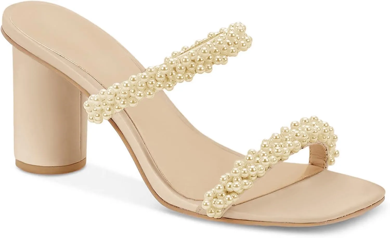 Womens Chunky Heeled Sandals Pearl Strappy Open Square Toe Slip-on Block Heels Backless Mules Shoes