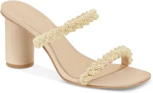 Womens Chunky Heeled Sandals Pearl Strappy Open Square Toe Slip-on Block Heels Backless Mules Shoes