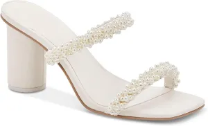 Womens Chunky Heeled Sandals Pearl Strappy Open Square Toe Slip-on Block Heels Backless Mules Shoes