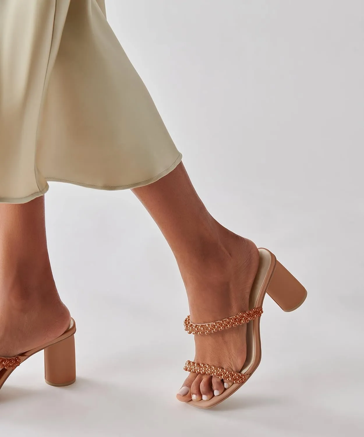 Womens Chunky Heeled Sandals Pearl Strappy Open Square Toe Slip-on Block Heels Backless Mules Shoes