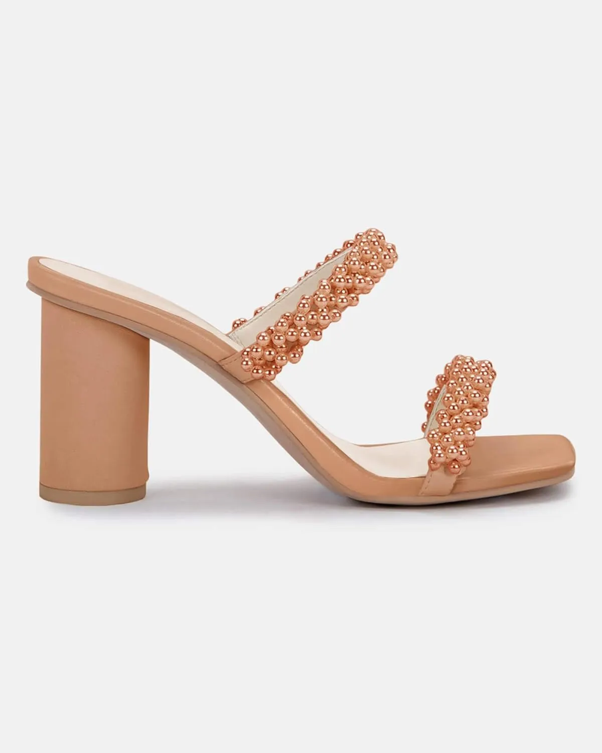 Womens Chunky Heeled Sandals Pearl Strappy Open Square Toe Slip-on Block Heels Backless Mules Shoes