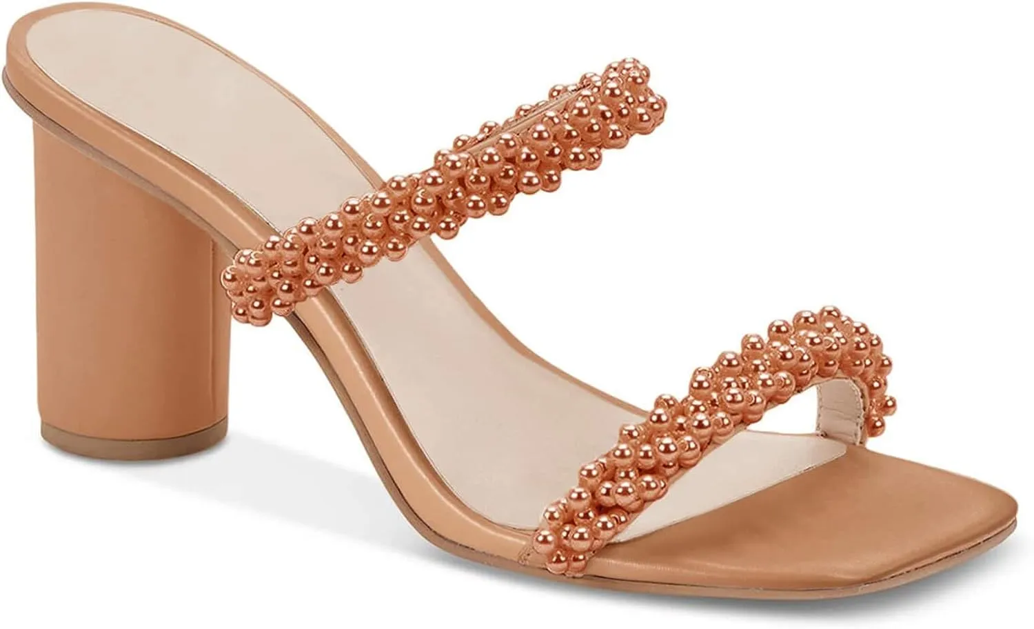 Womens Chunky Heeled Sandals Pearl Strappy Open Square Toe Slip-on Block Heels Backless Mules Shoes