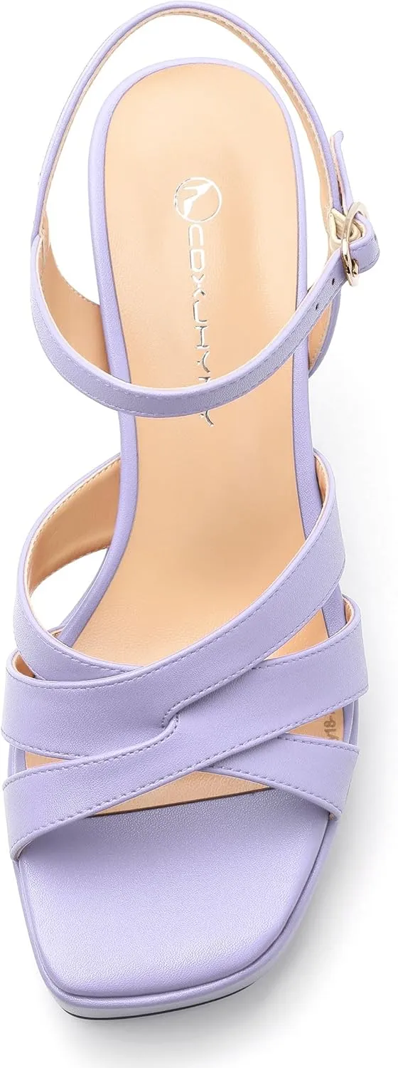 Women's Chunky Platform High Heels Block Heeled Sandals Open Square Toe Ankle Strap Dress Wedding Party Sandal Shoes 3.3''