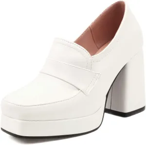 Womens Chunky Platform Loafers Block High Heel Square Toe Pumps
