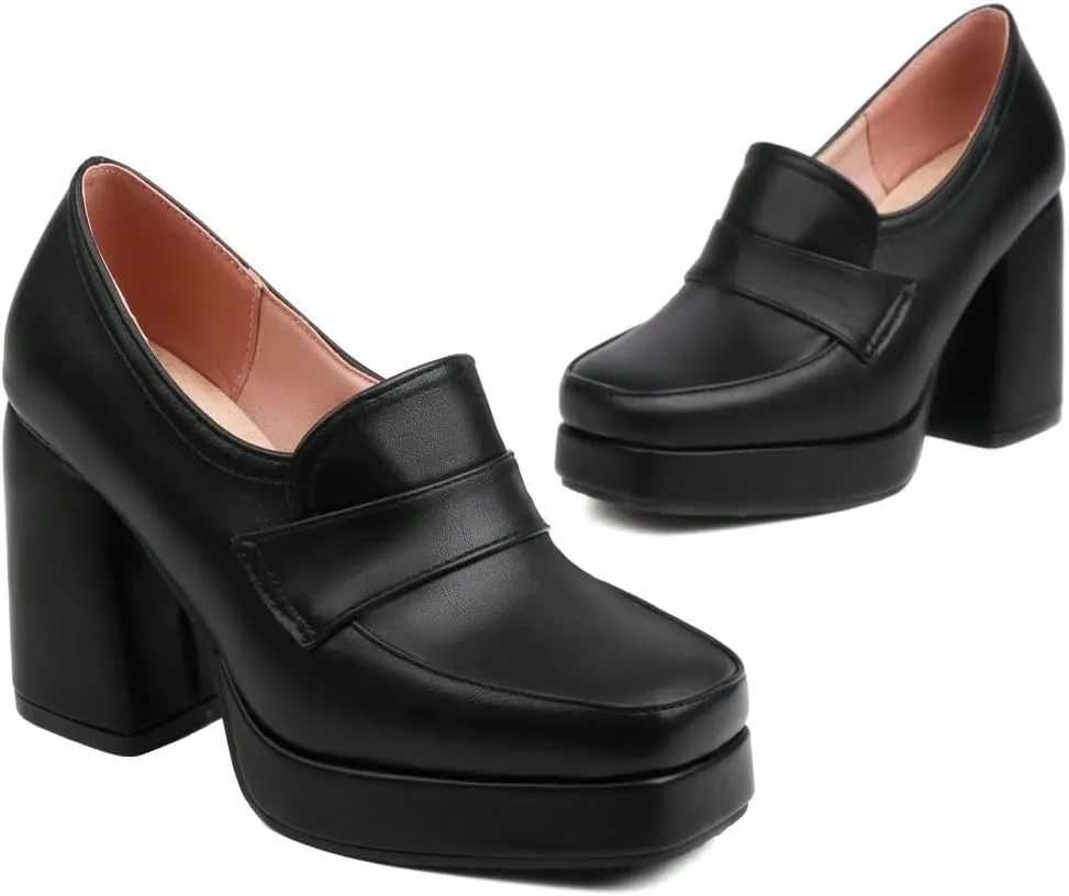 Womens Chunky Platform Loafers Block High Heel Square Toe Pumps