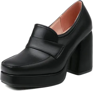 Womens Chunky Platform Loafers Block High Heel Square Toe Pumps