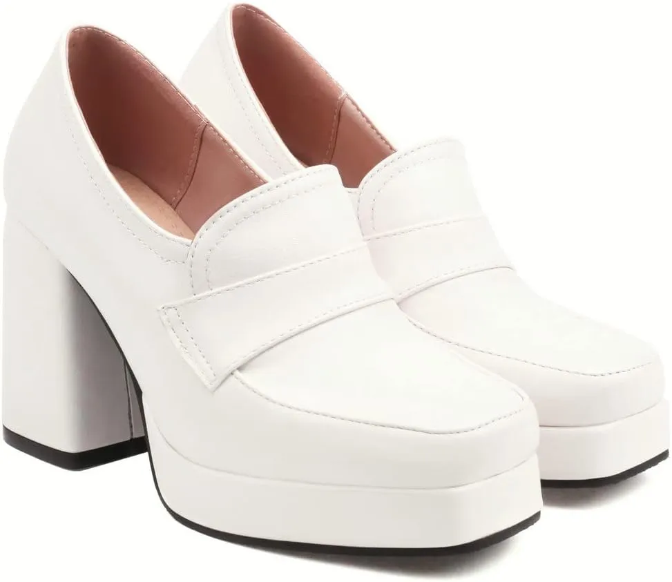 Womens Chunky Platform Loafers Block High Heel Square Toe Pumps