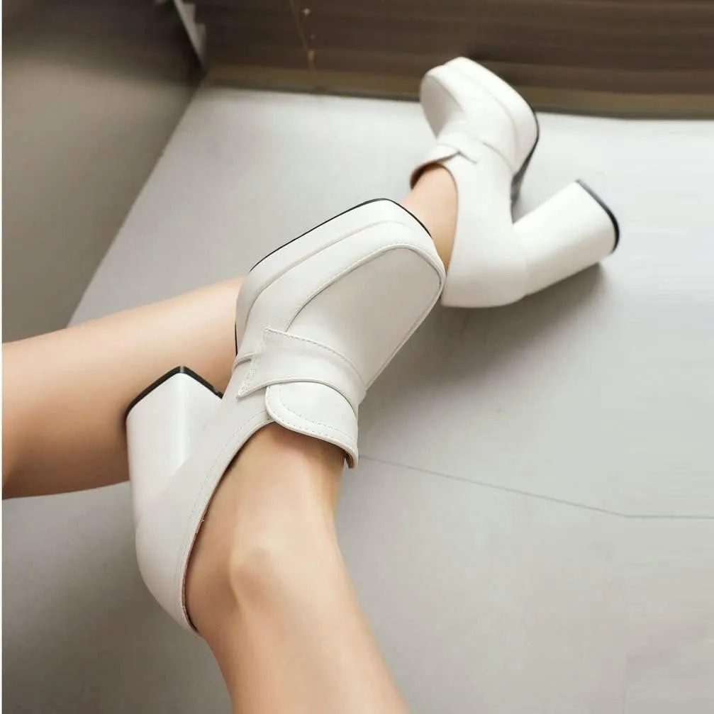 Womens Chunky Platform Loafers Block High Heel Square Toe Pumps