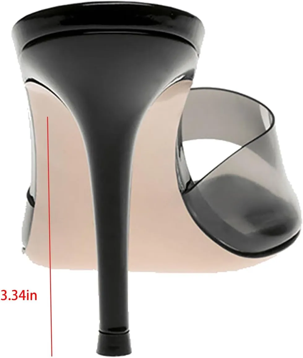 Women's Clear Pointed Open Toe Stiletto Heel Slide Sandals Fashion Sexy Slip On Transparent Strap High Heels Mules Summer Backless Party Wedding Prom Dress Shoes