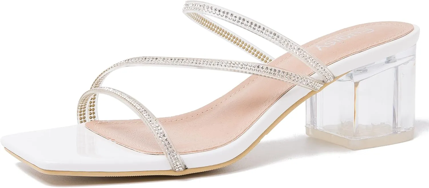 Women's Clear Rhinestone Heels Square Open Toe Low Block Chunky Heels Sandals Strappy Mules Backless Slippers Slip On Dress Shoes