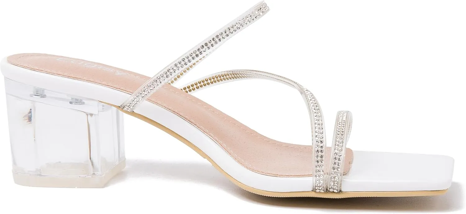 Women's Clear Rhinestone Heels Square Open Toe Low Block Chunky Heels Sandals Strappy Mules Backless Slippers Slip On Dress Shoes
