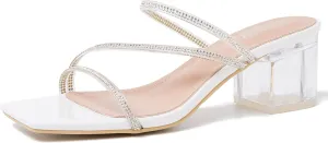 Women's Clear Rhinestone Heels Square Open Toe Low Block Chunky Heels Sandals Strappy Mules Backless Slippers Slip On Dress Shoes