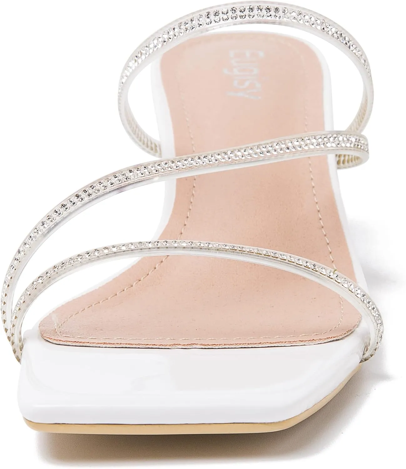 Women's Clear Rhinestone Heels Square Open Toe Low Block Chunky Heels Sandals Strappy Mules Backless Slippers Slip On Dress Shoes