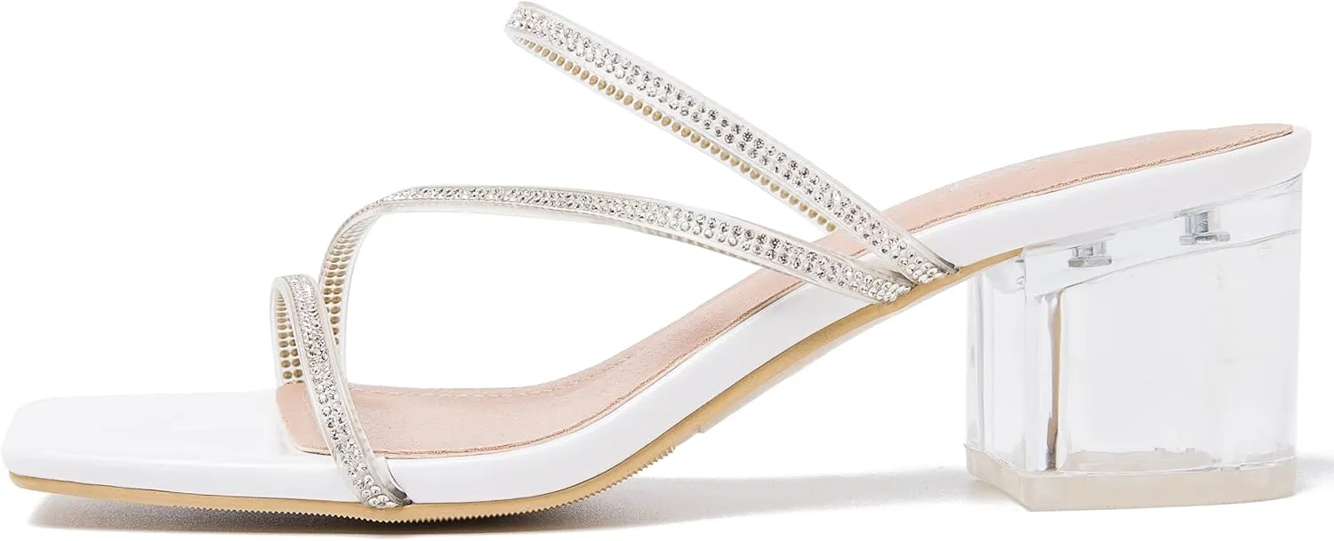 Women's Clear Rhinestone Heels Square Open Toe Low Block Chunky Heels Sandals Strappy Mules Backless Slippers Slip On Dress Shoes