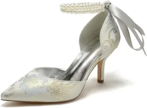 Womens Closed Toe Stiletto High Heels Wedding Shoes for Bride Pointed Toe Pearl Pumps Bridal Shoes Bowknot Strap Sandals Evening Dress Floral Satin