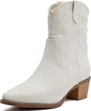 Womens Cowboy Boots Pointed Toe Ankle Boots with Classic Embroidered Chunky Heel Western Boots