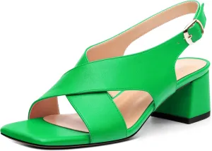 Women's Criss-Cross Strap Slingback Sandals Block Chunky Low Heels Square Open Toe Matte Comfort Casual Dress Shoes 2 Inch