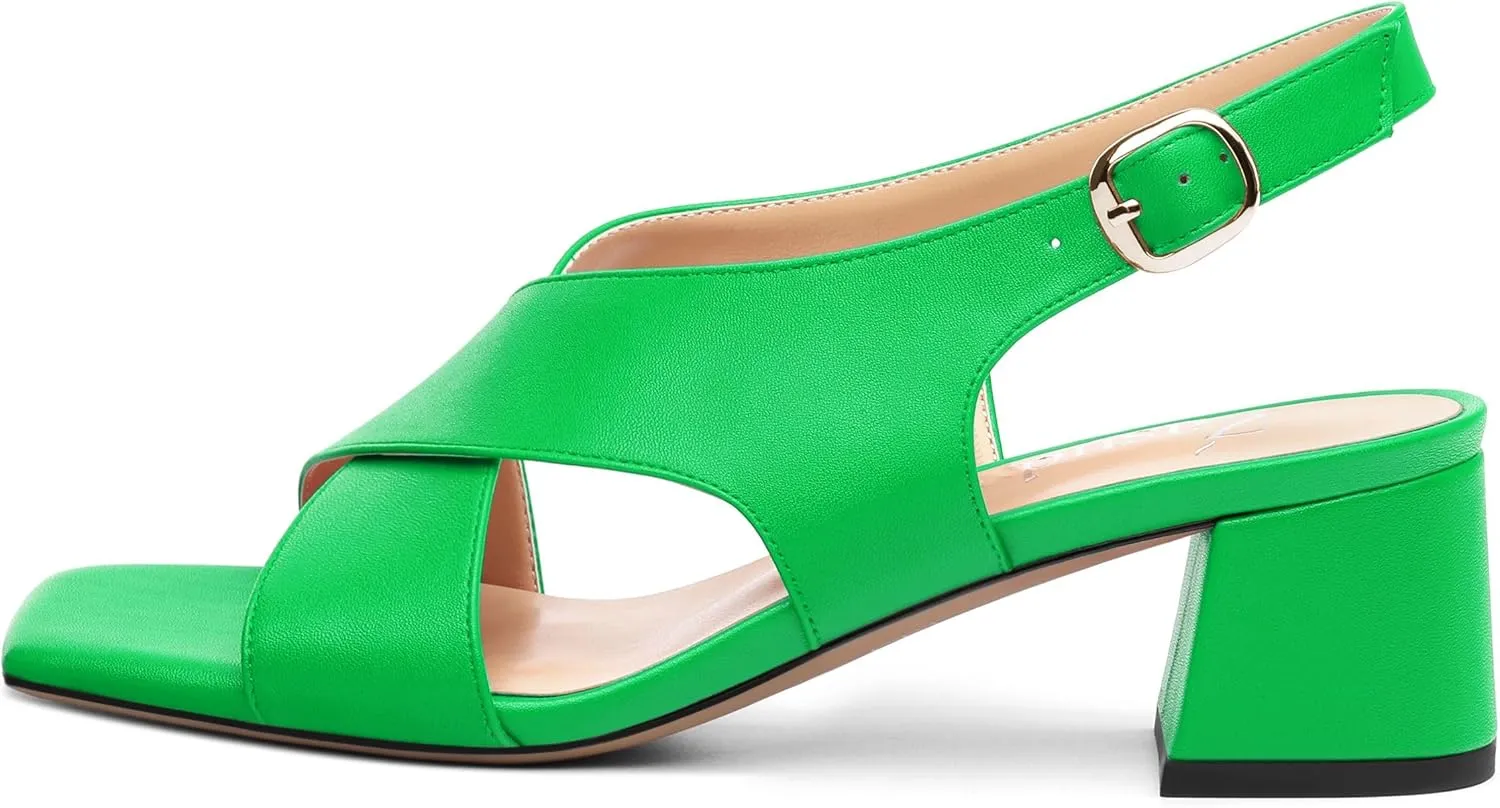 Women's Criss-Cross Strap Slingback Sandals Block Chunky Low Heels Square Open Toe Matte Comfort Casual Dress Shoes 2 Inch