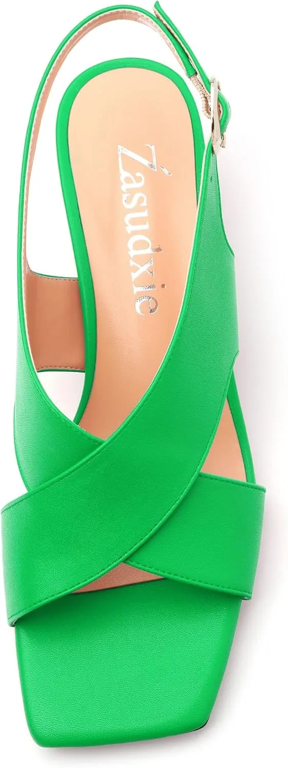Women's Criss-Cross Strap Slingback Sandals Block Chunky Low Heels Square Open Toe Matte Comfort Casual Dress Shoes 2 Inch