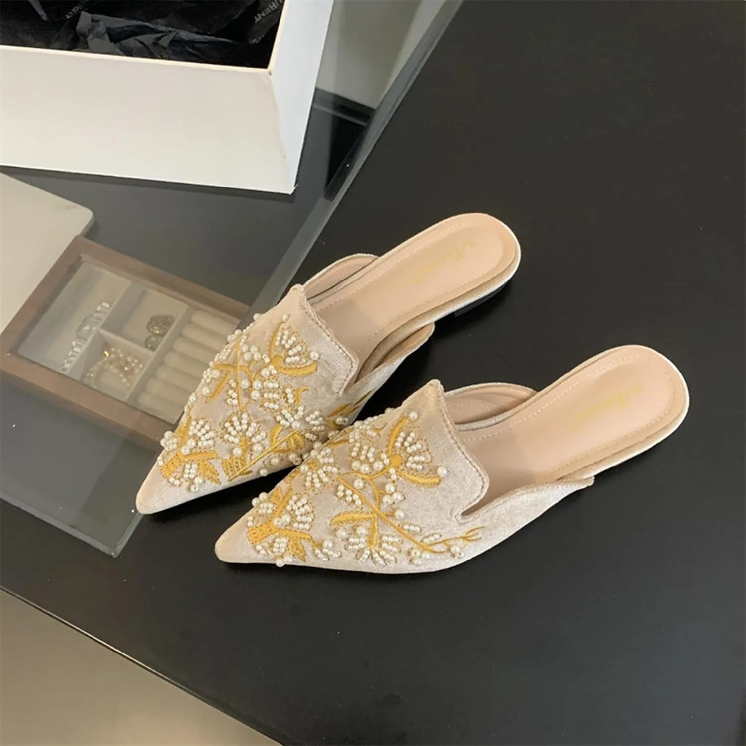 Womens Flat Mules Embroidered Suede Upper Slip on Clogs Pointed Toe Comfortable Pearls Loafer