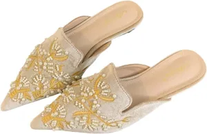 Womens Flat Mules Embroidered Suede Upper Slip on Clogs Pointed Toe Comfortable Pearls Loafer