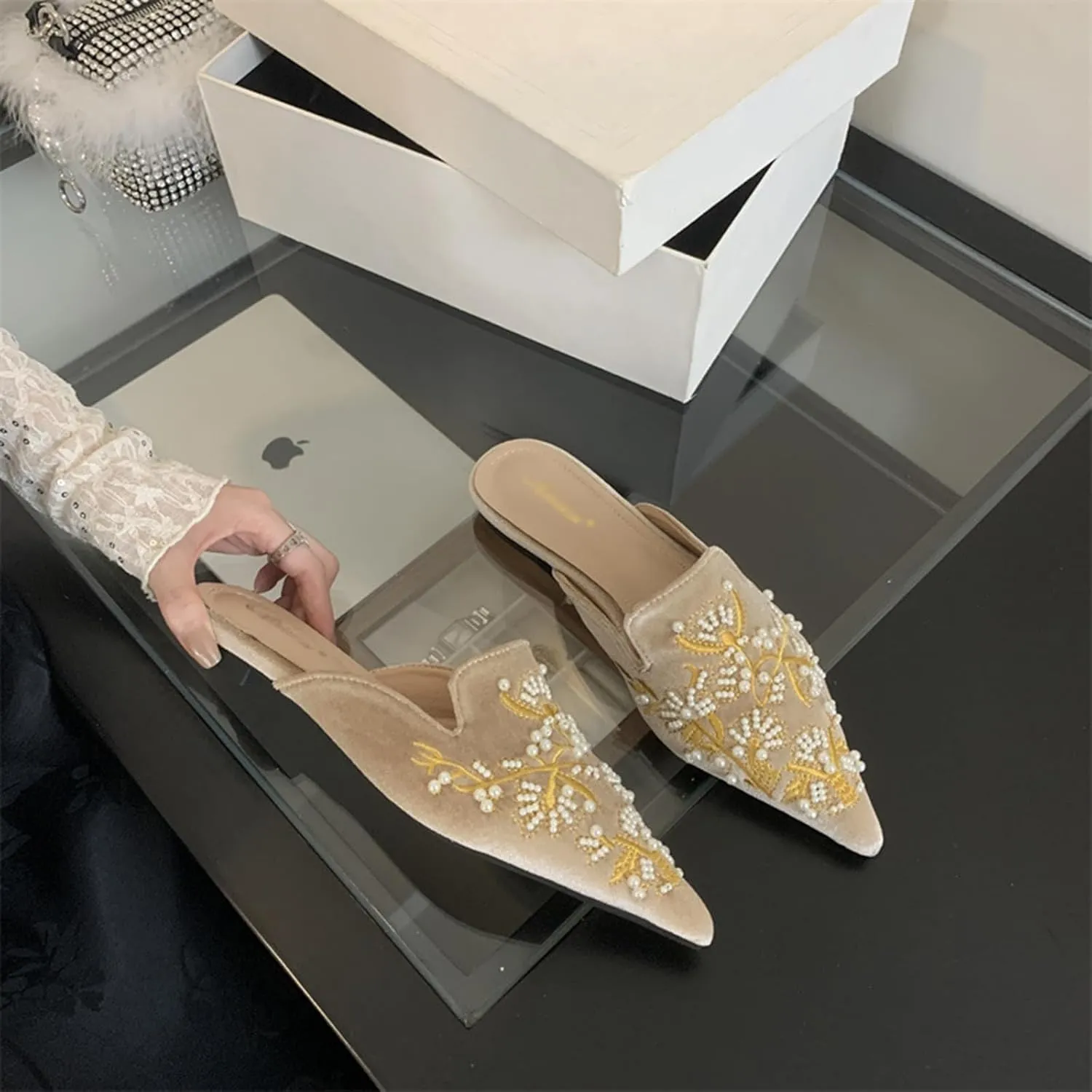 Womens Flat Mules Embroidered Suede Upper Slip on Clogs Pointed Toe Comfortable Pearls Loafer