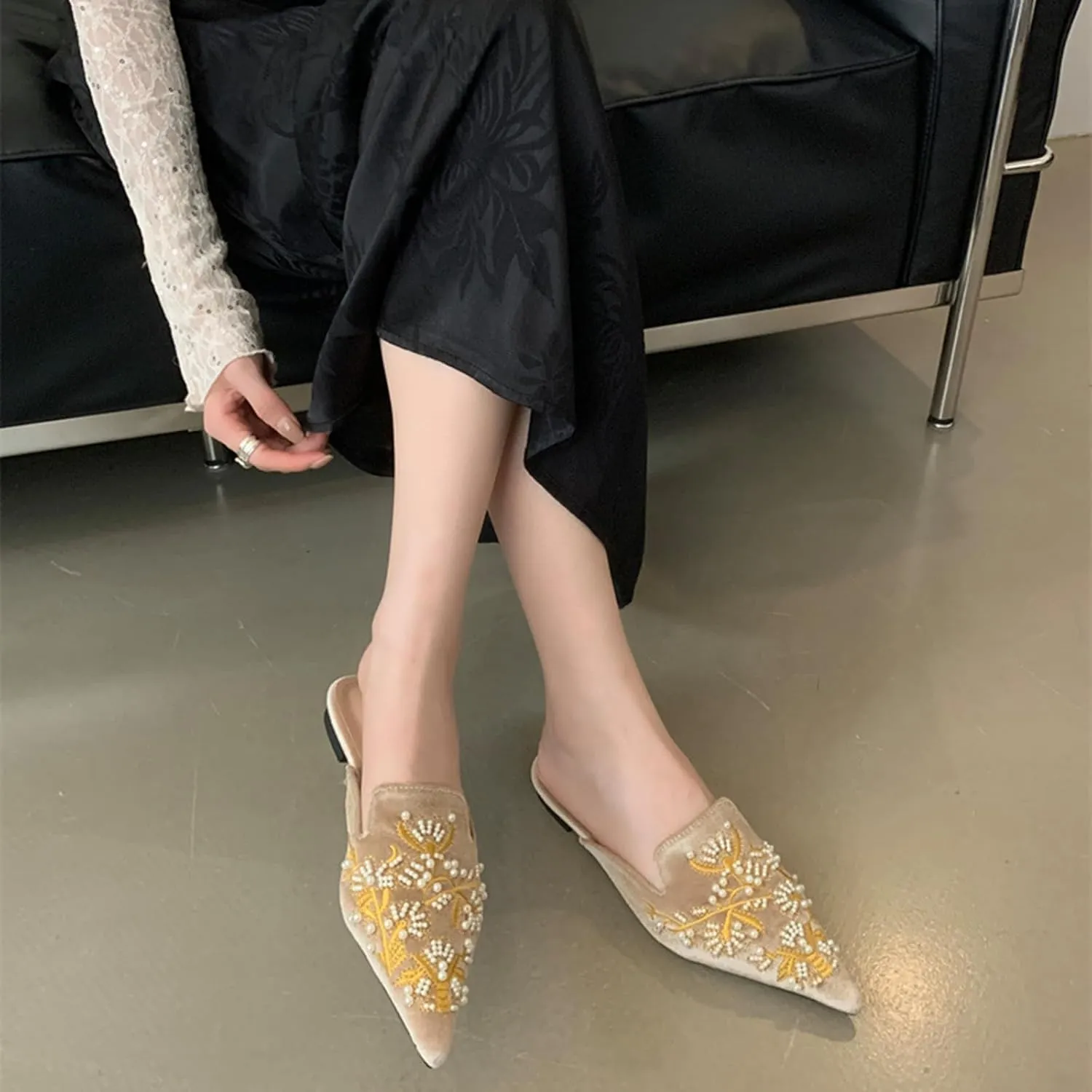 Womens Flat Mules Embroidered Suede Upper Slip on Clogs Pointed Toe Comfortable Pearls Loafer