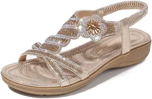 Women's Flat Sandals Summer Beach Sandal T-Strap Rhinestone Beaded Bohemia Shoes