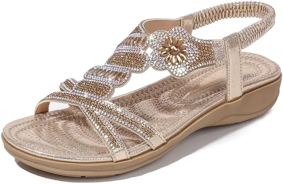 Women's Flat Sandals Summer Beach Sandal T-Strap Rhinestone Beaded Bohemia Shoes